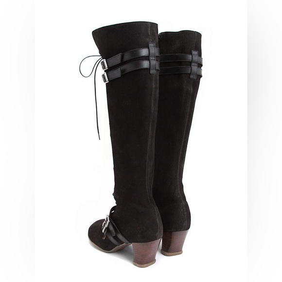 John Fluevog Black Suede Operetta Hjordis Boots with Buckles, Sz 10 - Picture 4 of 10